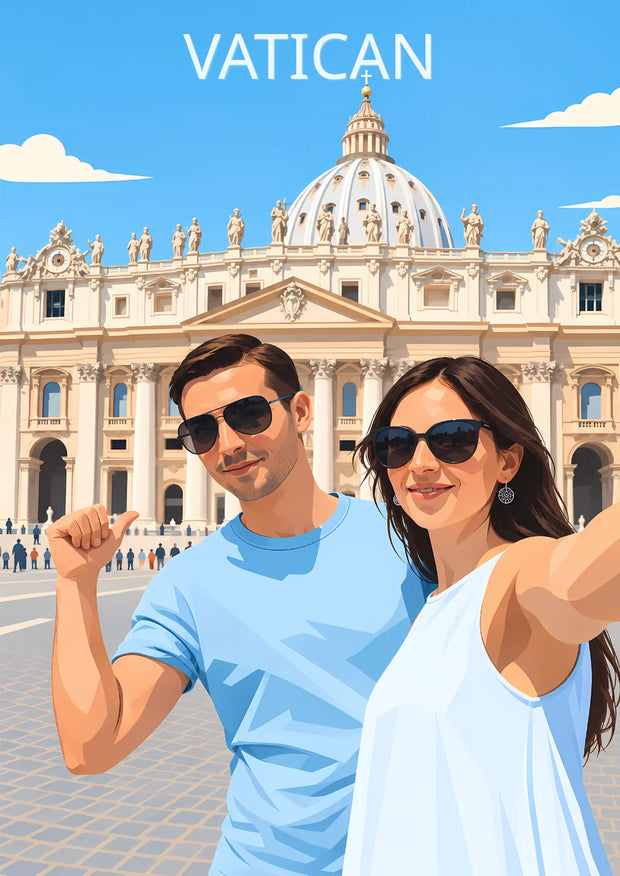 Affiche personnalisée illustrée d'un couple au Vatican, flat design, créée d'après votre photo