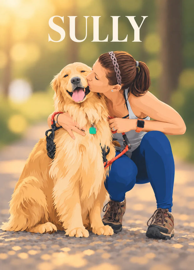 Affiche personnalisée illustrée d'un chien golden retriever avec son prénom, style flat design