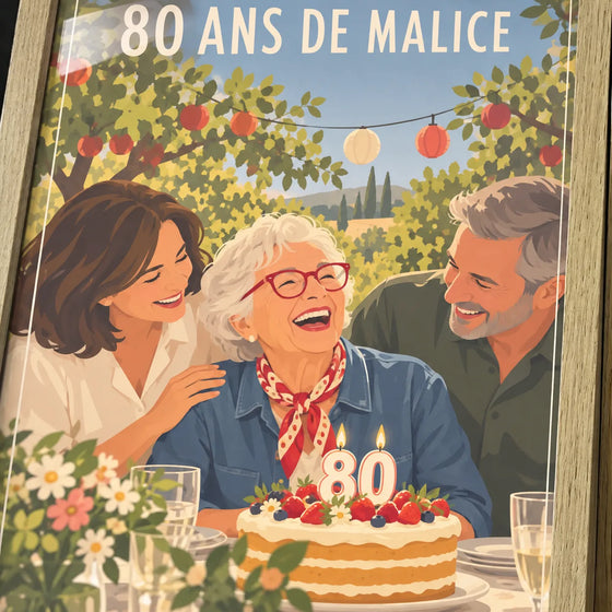 Affiche personnalisée d'anniversaire 80 ans, portrait de famille illustré autour du gâteau