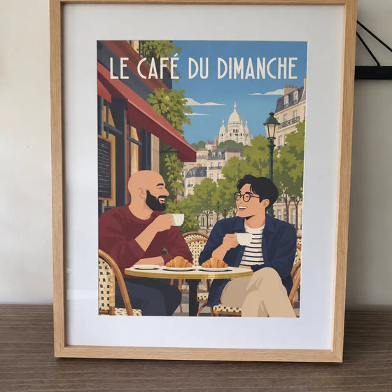 Affiche personnalisée de couple illustrée, terrasse de café parisien devant le Sacré-Coeur