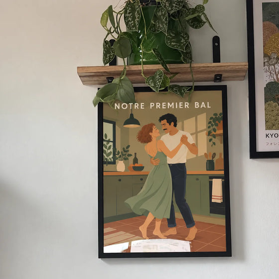 Affiche personnalisée de couple illustrée, danse dans la cuisine, encadrée au mur