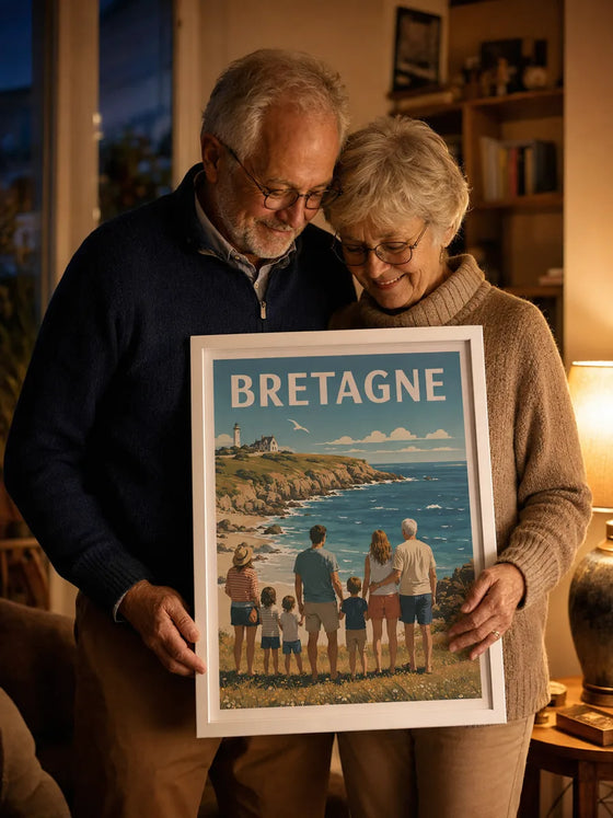 Grands-parents tenant leur affiche personnalisée Bretagne, ambiance du soir