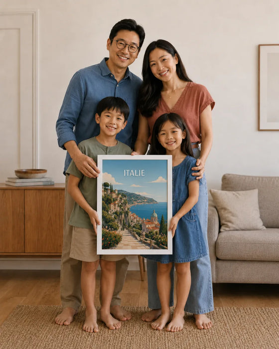 Famille tenant son affiche personnalisée Italie dans le salon