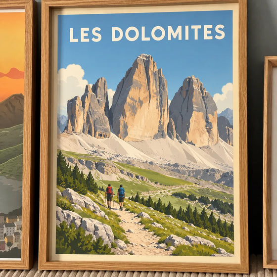 Affiche personnalisée de voyage illustrant les Dolomites et ses sentiers de randonnée