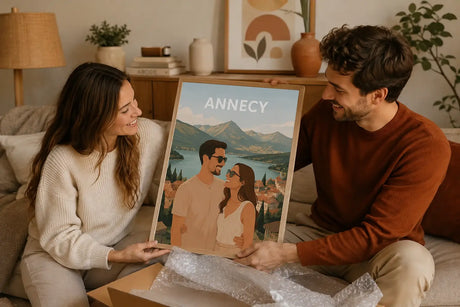 Couple découvrant une affiche personnalisée en cadeau