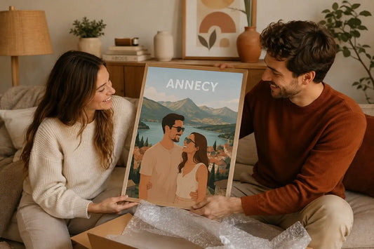 Couple découvrant une affiche personnalisée en cadeau