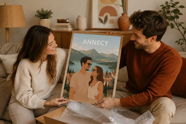 Couple découvrant une affiche personnalisée en cadeau
