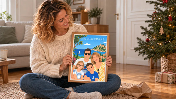 Une maman souriante découvre son affiche personnalisée de famille encadrée, cadeau de Noël au pied du sapin