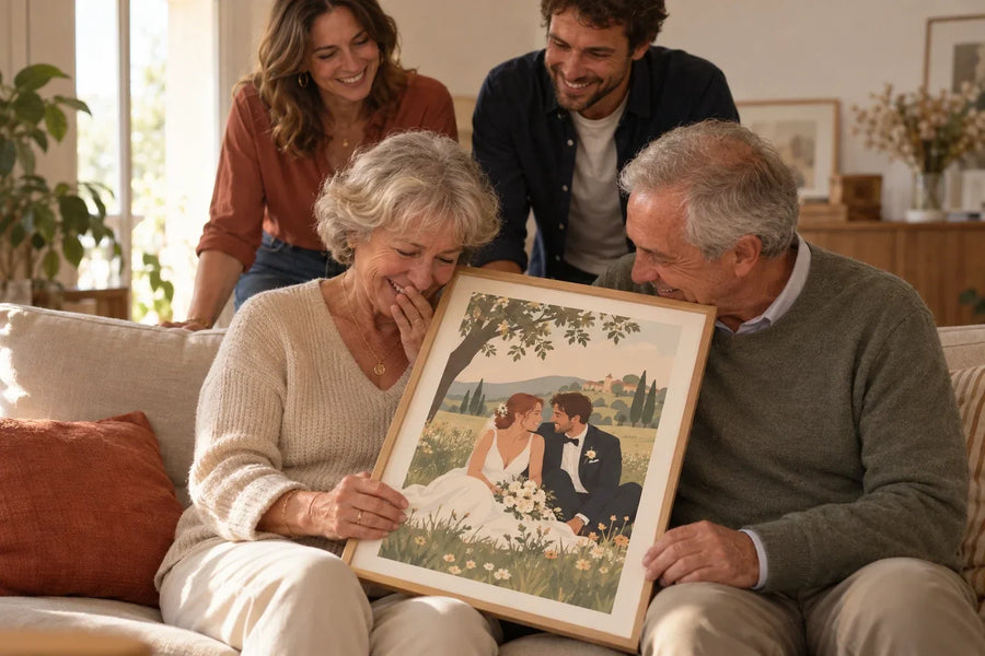 Couple de seniors découvrant une affiche personnalisée illustrée de leur mariage, offerte par leurs enfants