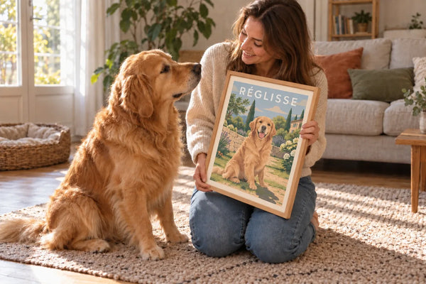 Femme et son golden retriever avec une affiche personnalisée de leur chien, idée cadeau pour un amoureux des chiens