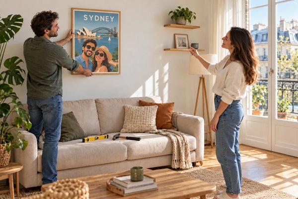 Couple accrochant au mur une affiche personnalisée de voyage, idée cadeau original pour un couple