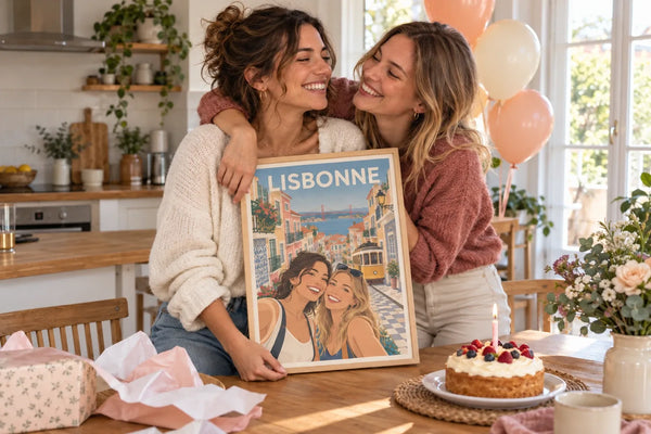Deux amies avec une affiche personnalisée de leur voyage à Lisbonne, cadeau pour une meilleure amie