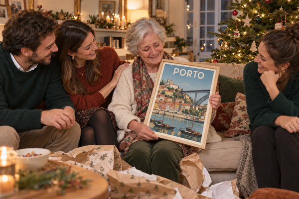 Grand-mère entourée de sa famille découvrant une affiche personnalisée de Porto à Noël, idée de cadeau de Noël original