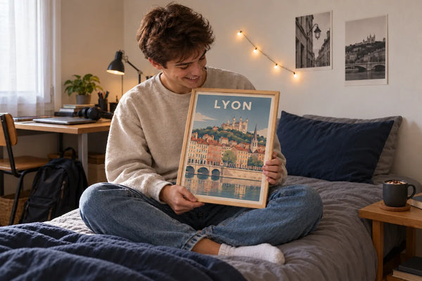 Jeune homme tenant une affiche personnalisée de Lyon dans sa chambre, idée de cadeau de Noël pas cher