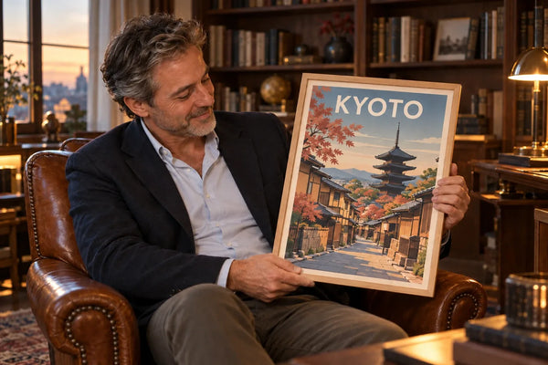 Homme découvrant une affiche personnalisée de Kyoto dans son bureau, cadeau pour quelqu'un qui a déjà tout