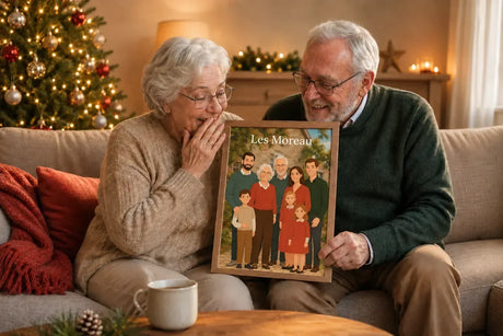 Grands-parents émus découvrant en cadeau de Noël une affiche personnalisée illustrée de toute leur famille