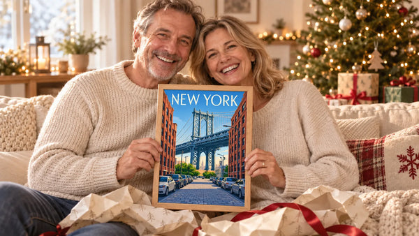 Des parents souriants tenant leur affiche personnalisée New York encadrée, cadeau de Noël au pied du sapin