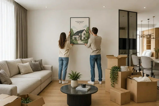 Idée cadeau crémaillère : un couple accroche une affiche personnalisée de leur nouvelle maison le jour de leur emménagement