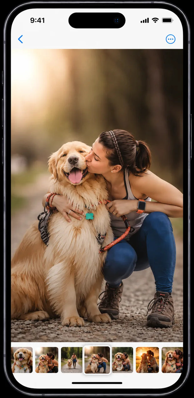 Photo de son chien sélectionnée sur un téléphone pour créer une affiche personnalisée