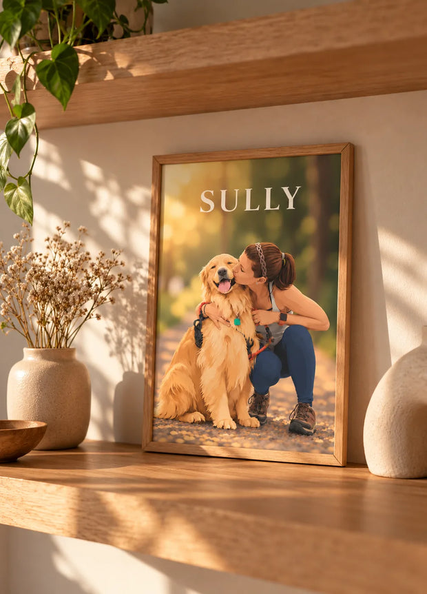 Affiche personnalisée de chien encadrée en bois clair posée sur une étagère