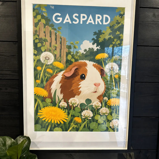 Affiche personnalisée d'un cochon d'Inde dans les pissenlits, cadre noir
