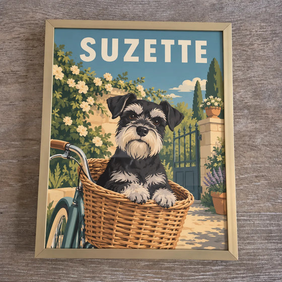 Affiche personnalisée d'un chien schnauzer dans un panier de vélo fleuri, illustration flat design