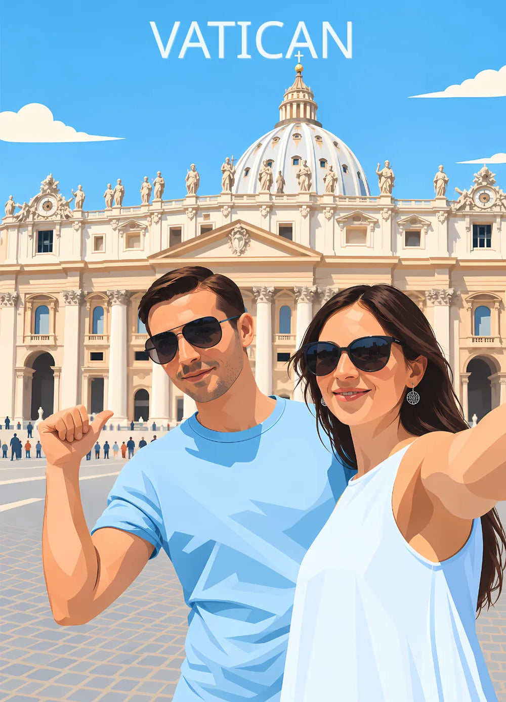Affiche personnalisée illustrée d'un couple au Vatican, flat design