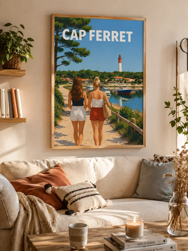 Affiche personnalisée illustrée Cap Ferret encadrée, accrochée dans un salon chaleureux