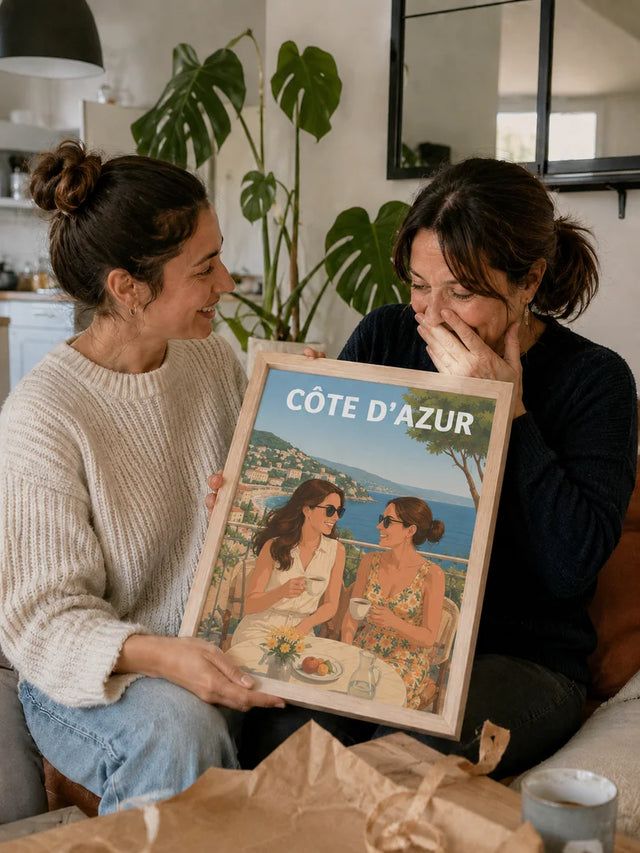 Mère émue découvrant l'affiche personnalisée Côte d'Azur offerte par sa fille