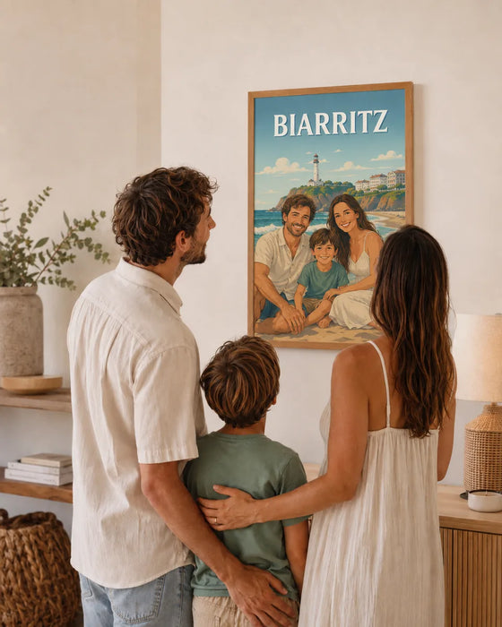 Famille admirant son affiche personnalisée Biarritz accrochée au mur