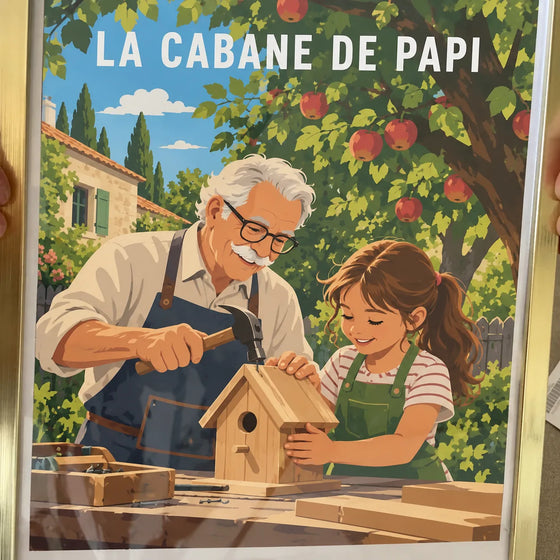Affiche personnalisée famille illustrée, grand-père et petite-fille construisant un nichoir