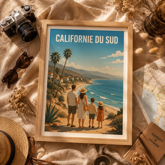 Affiche personnalisée famille Californie du Sud à plat avec objets de voyage