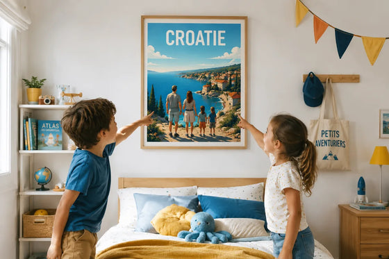 Enfants montrant leur affiche personnalisée Croatie dans la chambre