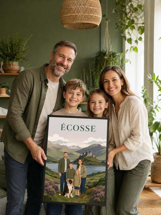 Famille tenant son affiche personnalisée Écosse dans un salon végétal