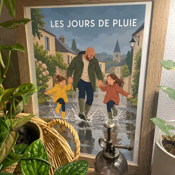 Affiche personnalisée famille illustrée, père et ses enfants sautant dans les flaques de pluie