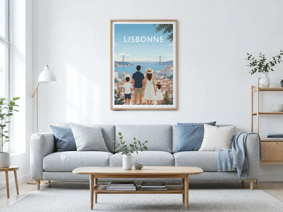 Affiche personnalisée famille Lisbonne accrochée dans un salon scandinave lumineux