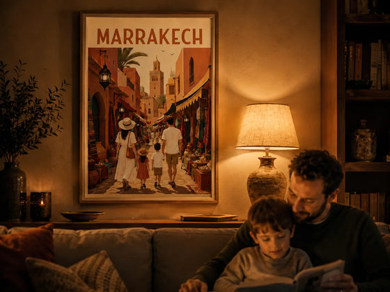Affiche personnalisée famille Marrakech au mur, ambiance du soir