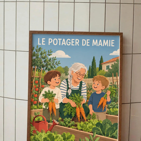 Affiche personnalisée famille illustrée, grand-mère et petits-enfants au potager
