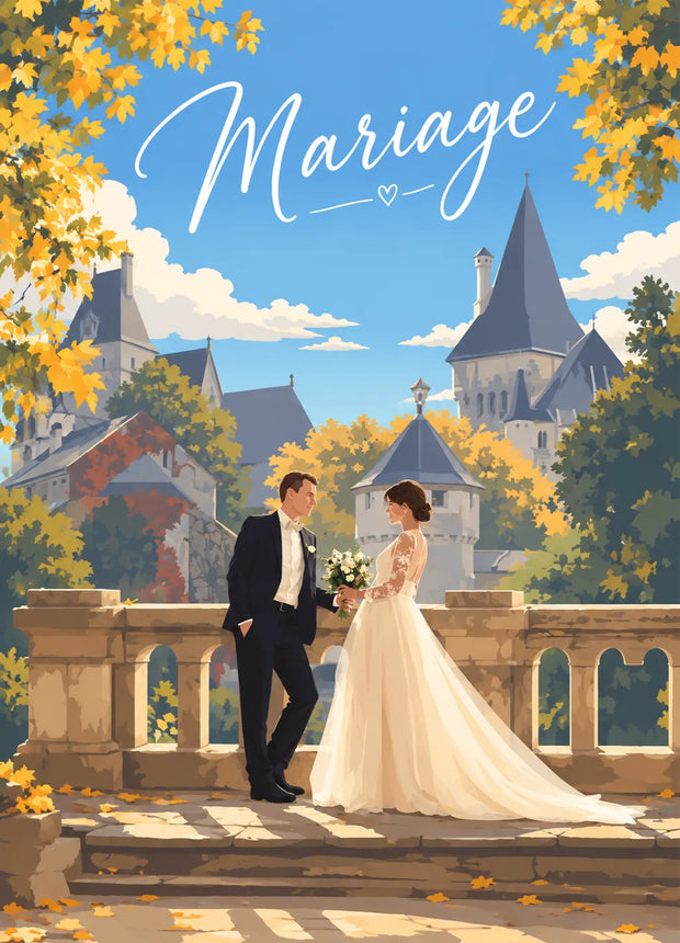 Affiche de mariage personnalisée illustrée, les mariés devant un château, style flat design