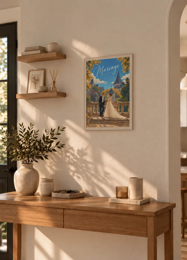 Affiche de mariage personnalisée encadrée en bois clair dans une entrée de maison