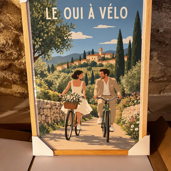 Affiche personnalisée de mariage illustrée, jeunes mariés à vélo dans un village italien