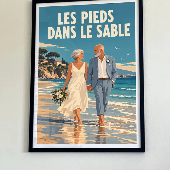 Affiche personnalisée de mariage illustrée, jeunes mariés les pieds dans le sable