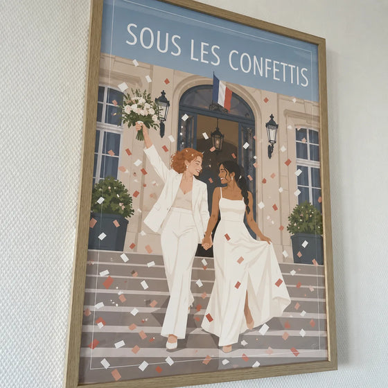 Affiche personnalisée de mariage illustrée, sortie de mairie sous les confettis