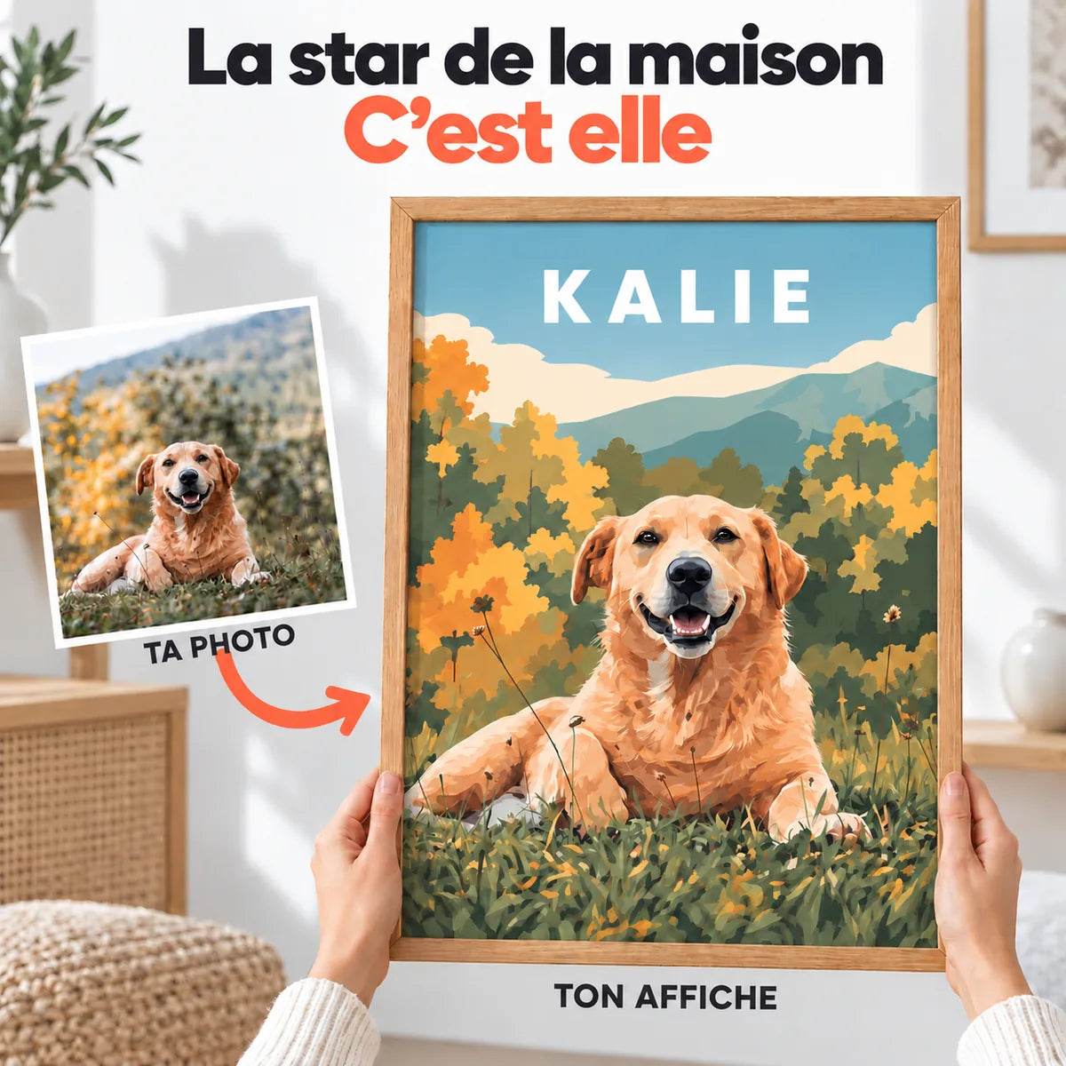 Avant / après : une photo de chien transformée en affiche personnalisée illustrée