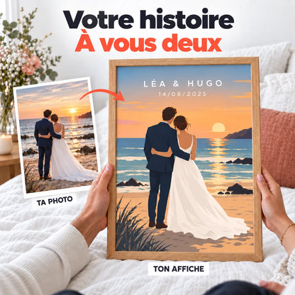Avant / après : une photo de couple transformée en affiche personnalisée illustrée