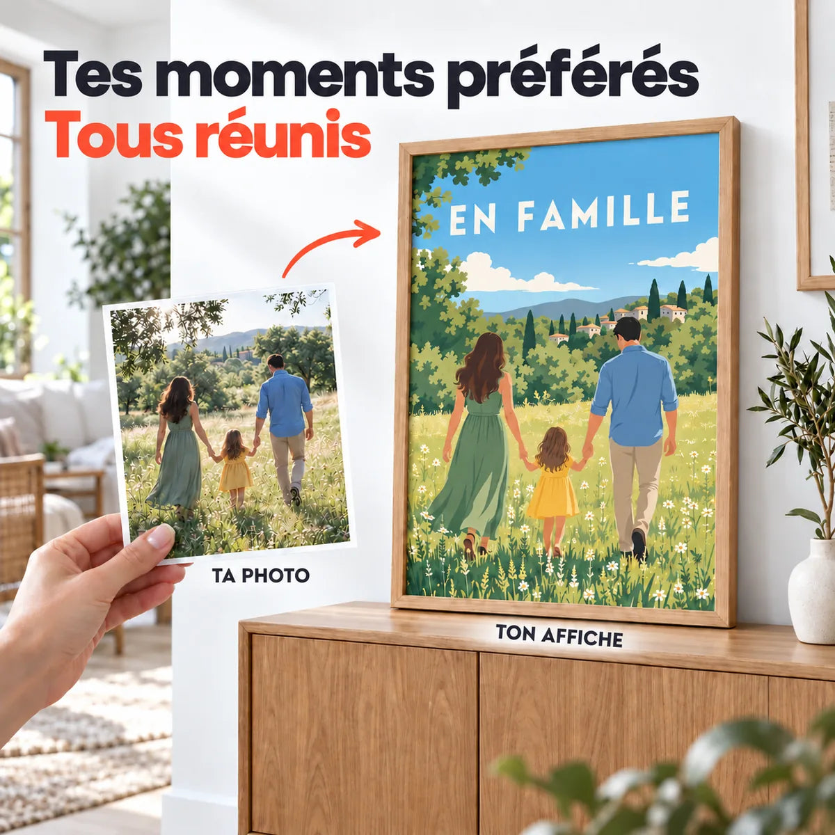 Avant / après : une photo de famille transformée en affiche personnalisée illustrée