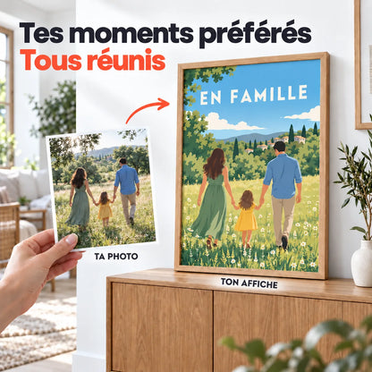 Avant / après : une photo de famille transformée en affiche personnalisée illustrée