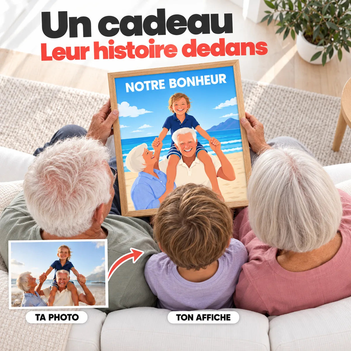Avant / après : une photo des grands-parents et petits-enfants transformée en affiche personnalisée illustrée