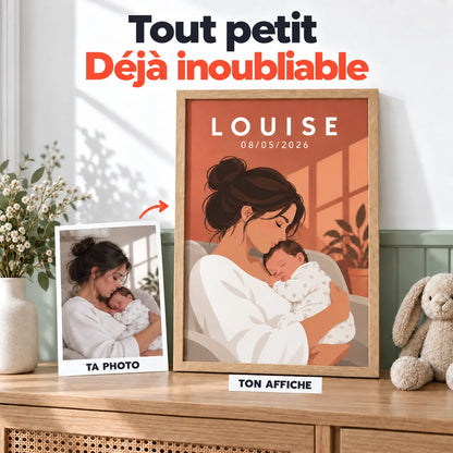 Avant / après : une photo de naissance transformée en affiche personnalisée illustrée