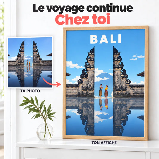 Avant / après : une photo de voyage à Bali transformée en affiche personnalisée illustrée